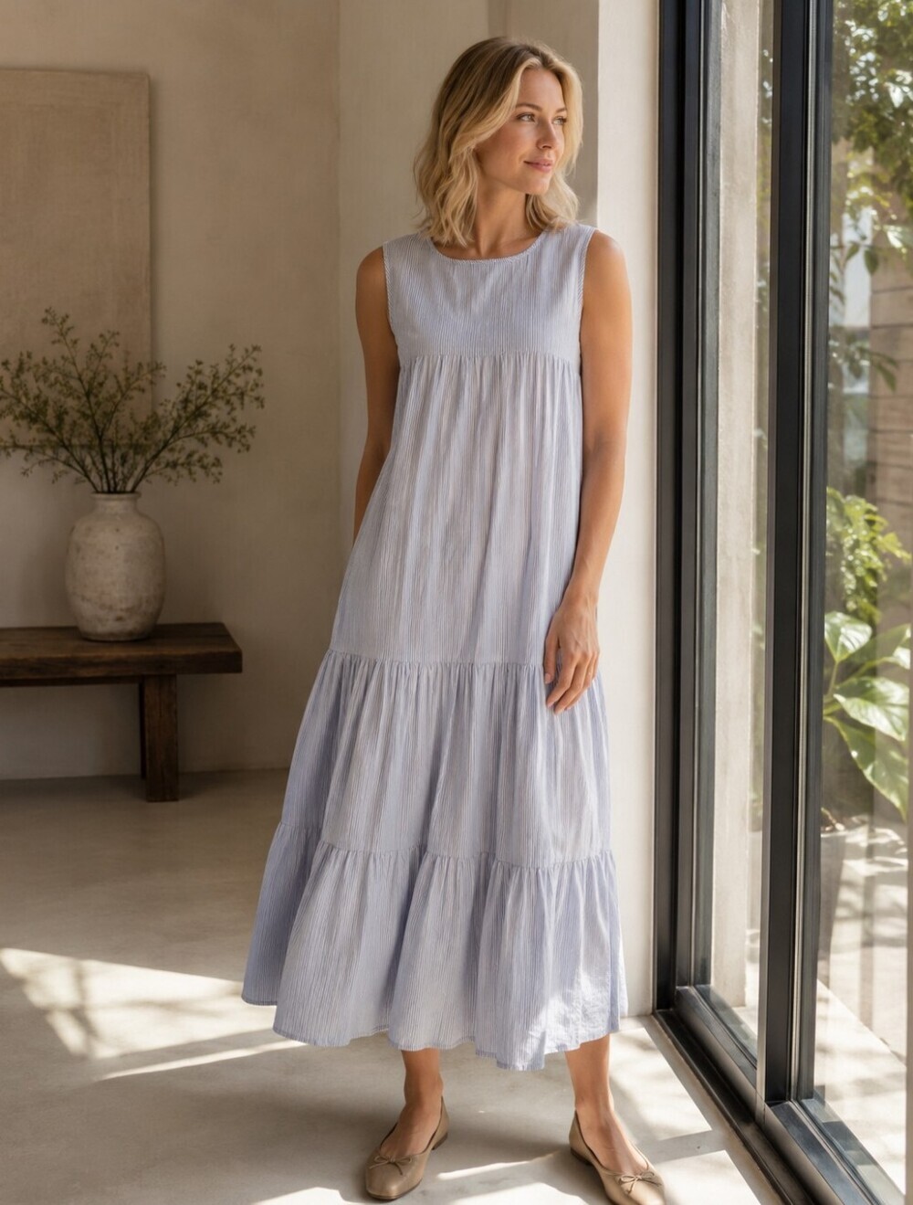 Shade Amour Blue Stripe Cotton Tiered Midi Maxi Dress Size Small Coastal